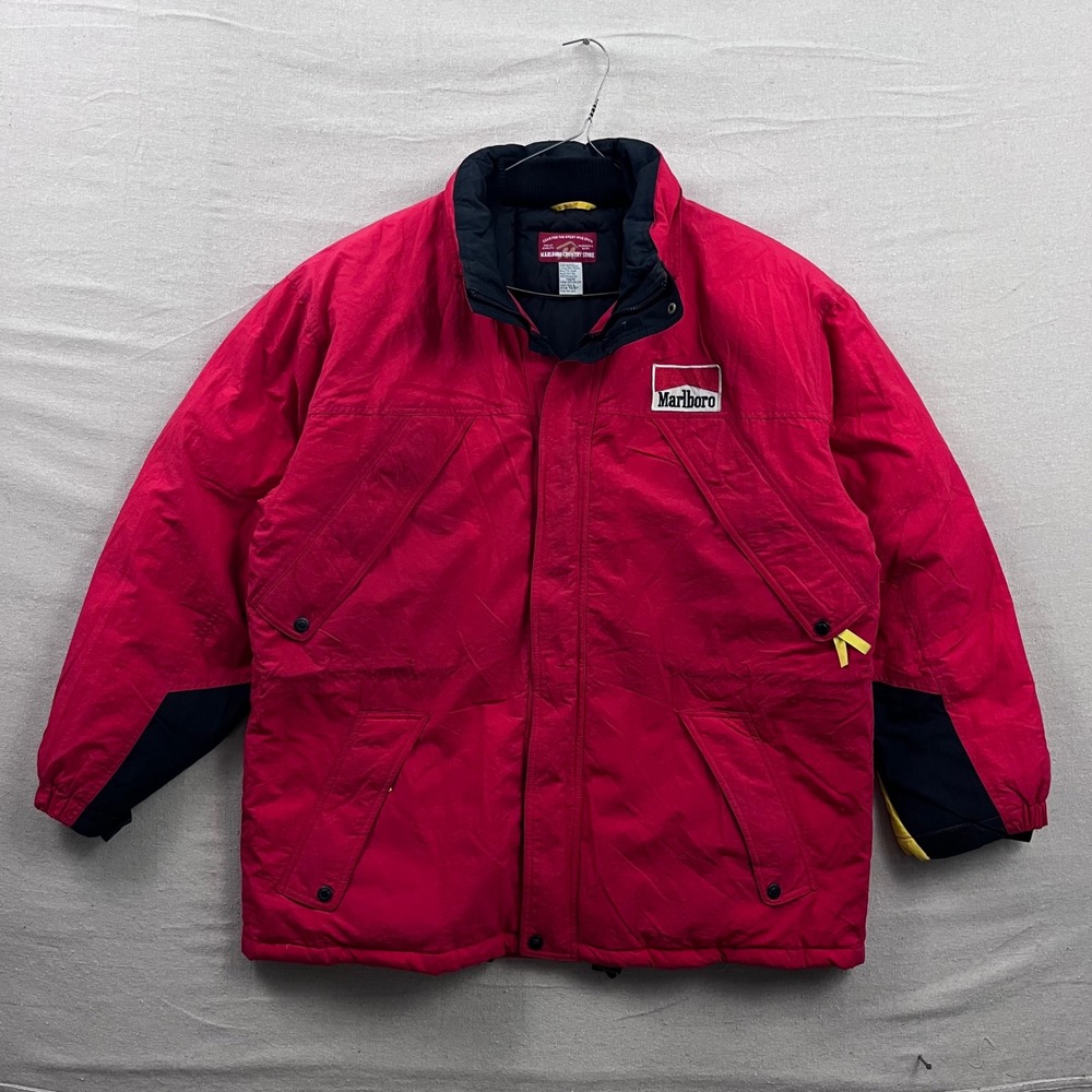 Marlboro Country Store Puffer Jacket Mens L Red Vintage Down Fill Parka 90s